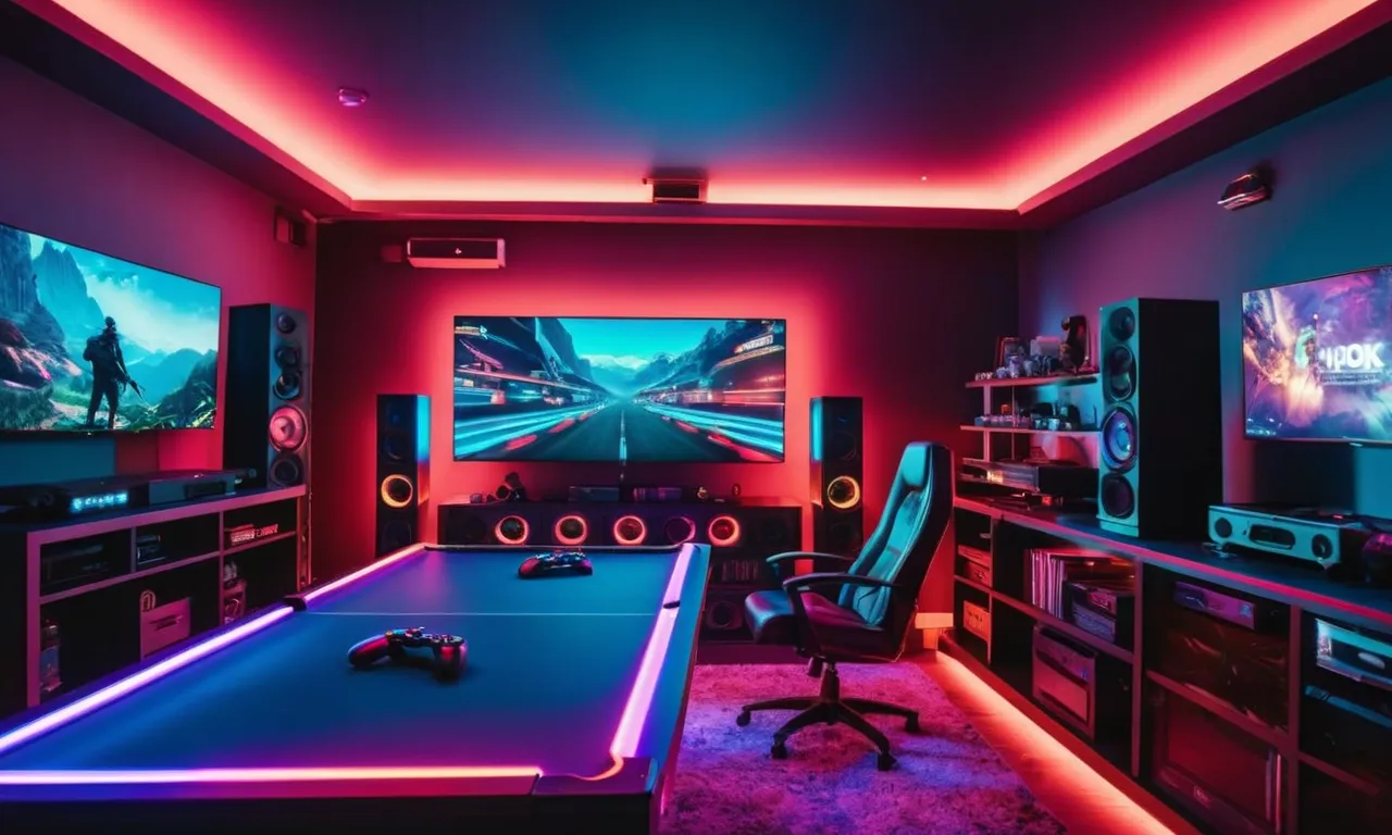 A vibrant photo showcasing a meticulously decorated gaming room adorned with the best RGB lights, casting a mesmerizing glow that enhances the immersive gaming experience.