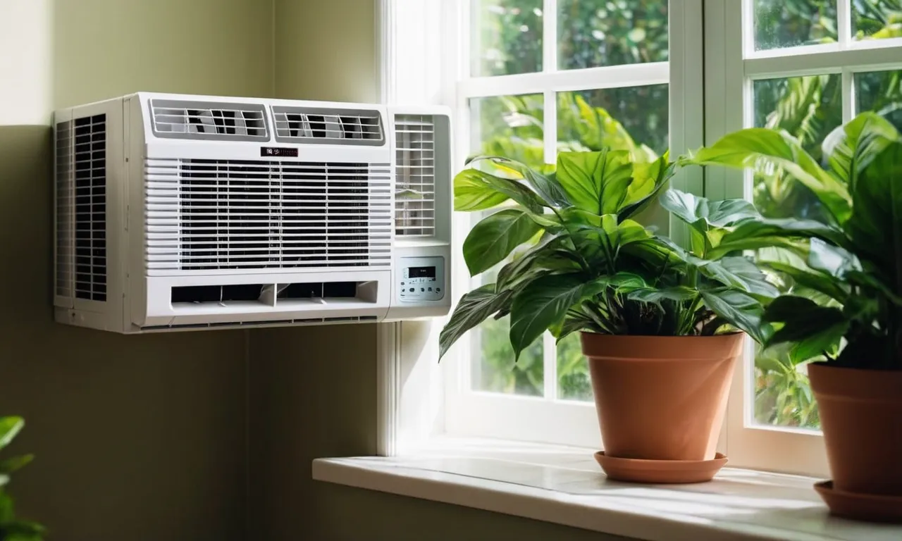 A close-up shot of a sleek 15000 BTU window air conditioner, mounted perfectly, with cool air flowing out, surrounded by lush green plants, creating a comfortable and refreshing atmosphere.