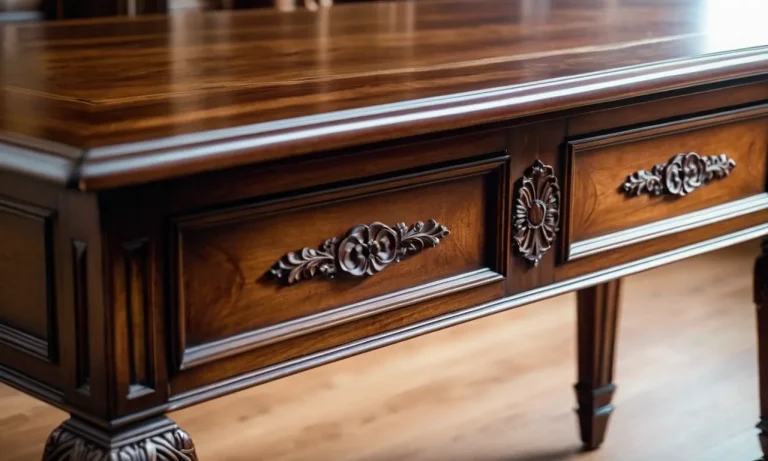 A close-up photograph capturing the intricate details of a beautifully polished antique wood table, showcasing the lustrous shine and preserving the timeless elegance.