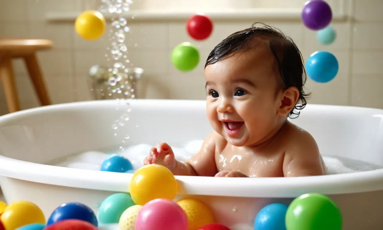 A close-up shot of a baby happily splashing in a bathtub, safely seated on a non-slip bath mat, surrounded by colorful toys and bubbles.
