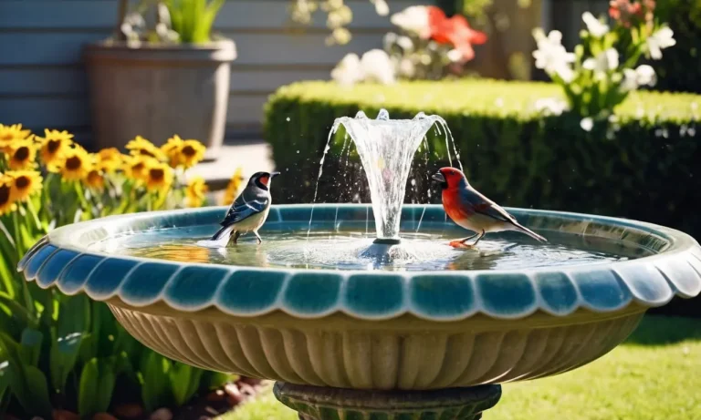 A serene garden scene captured with the perfect angle, showcasing a vibrant bird bath fountain powered by solar energy, glistening in the sunlight as birds joyfully splash and drink.