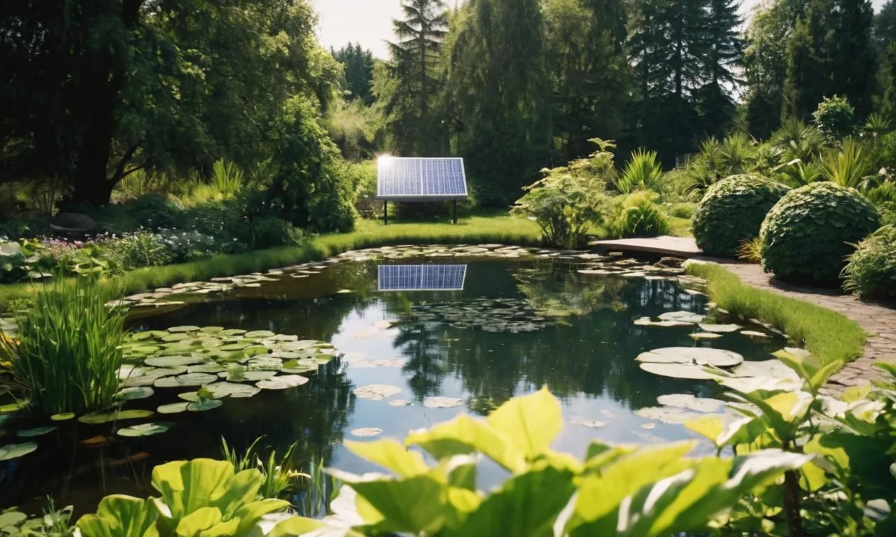 A picturesque scene of a serene pond surrounded by lush greenery, with a solar pond pump and battery backup system discreetly placed nearby, providing a sustainable and efficient water circulation solution.