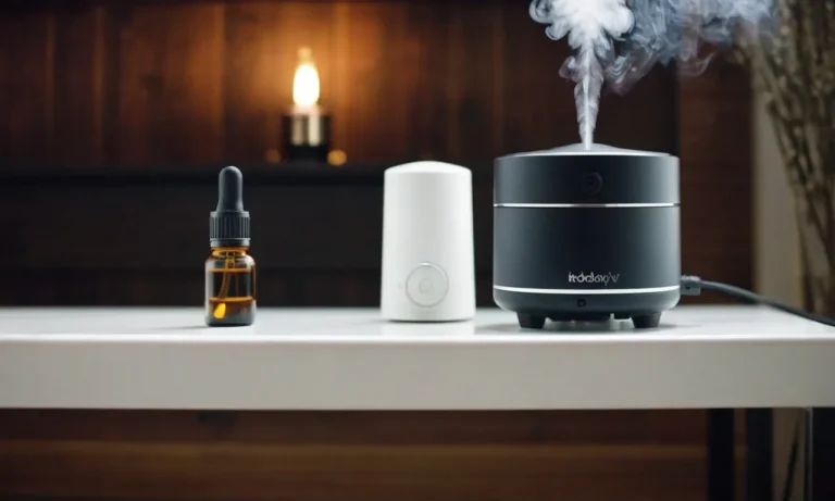 A close-up shot of a compact essential oil diffuser placed on a small table, emitting a gentle stream of aromatic mist, creating a serene and cozy atmosphere in a confined space.