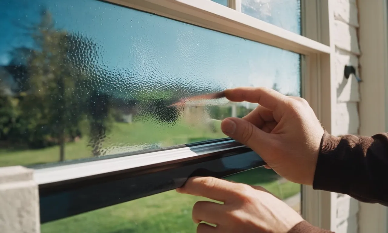 A close-up shot capturing a hand carefully applying a DIY window tint film onto a residential window, showcasing the precision and craftsmanship involved in achieving the best results for home window tinting.