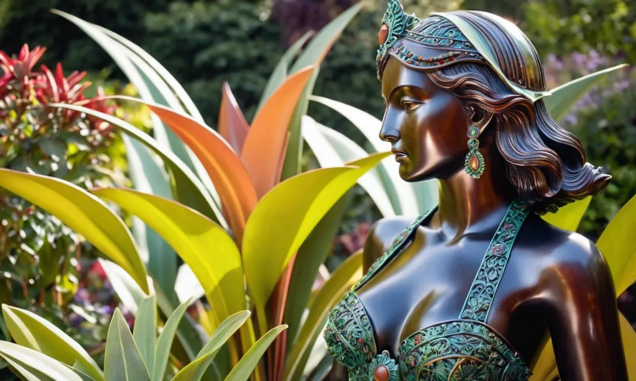 Vibrant and weather-resistant, the metal sculpture gleams under the sun's warm rays, showcasing intricate details and hues that pop against the backdrop of a lush garden, thanks to the best paint for outdoor metal art.