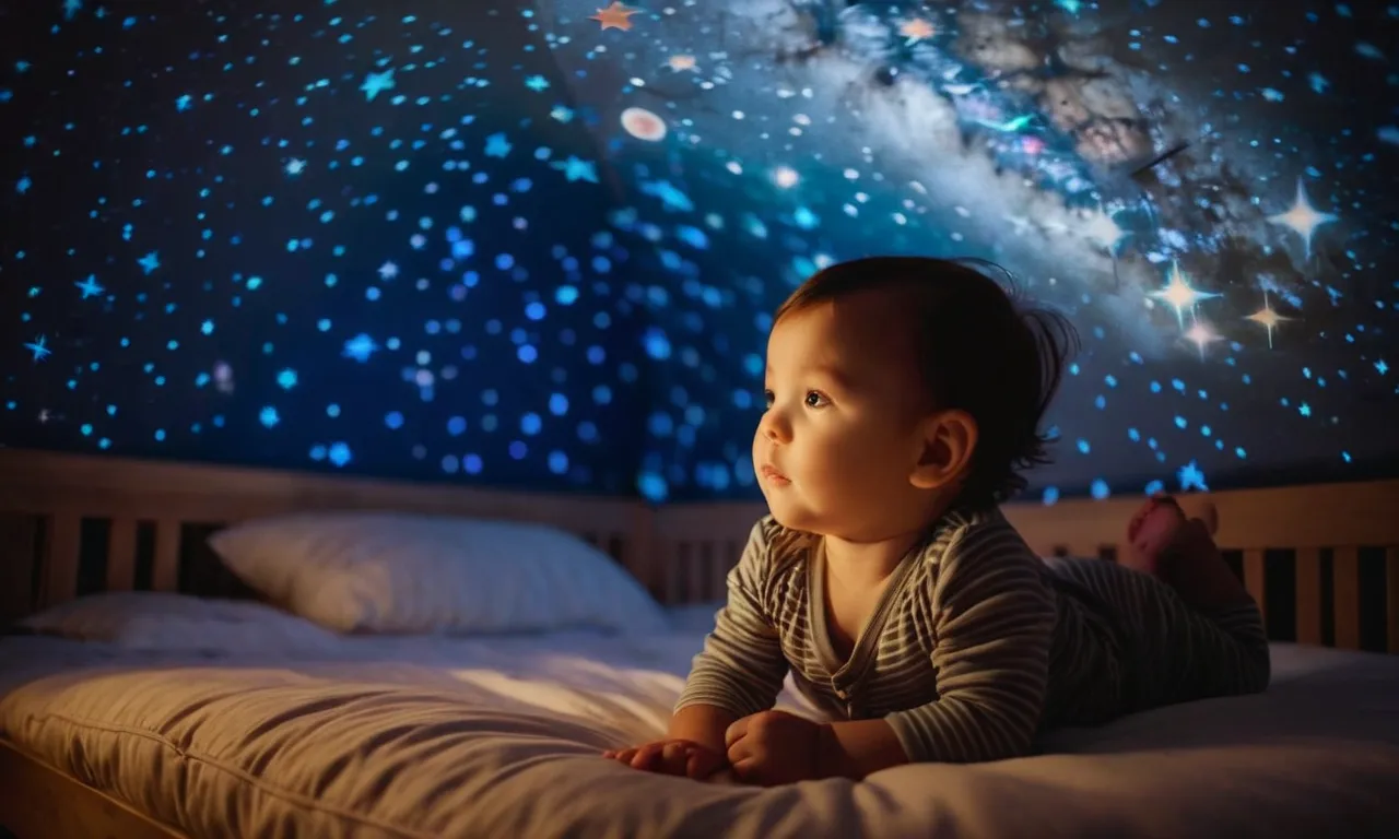A captivating photo of a serene toddler peacefully drifting off to sleep under a mesmerizing night light projector, enveloped in a soft glow of stars and colors.