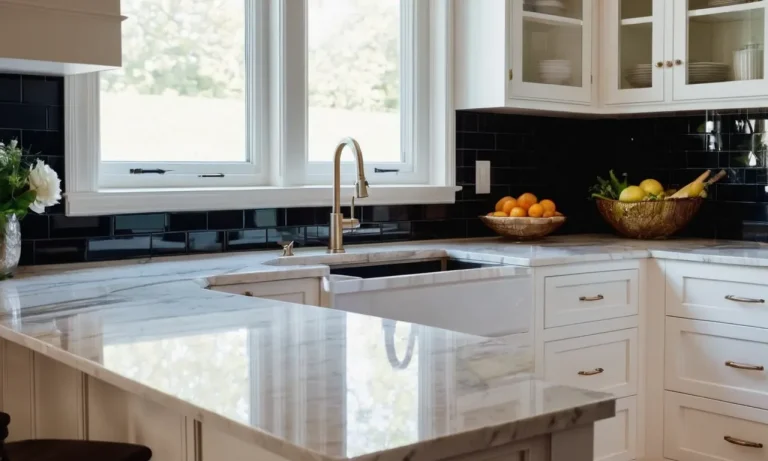 A breathtaking close-up shot capturing the elegance of white cabinets complemented by sleek and luxurious quartz countertops, exuding a timeless beauty and impeccable style.