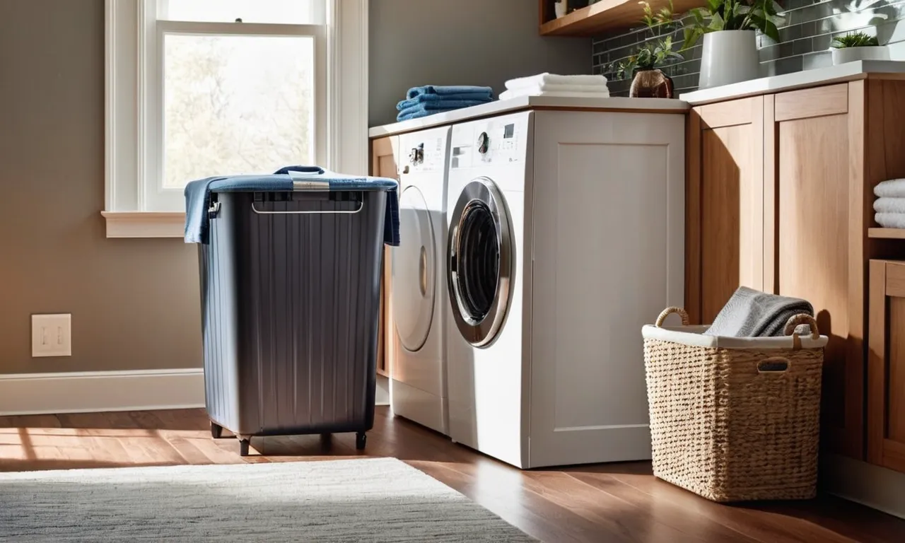 A photo capturing a compact laundry hamper tucked neatly in a corner, showcasing its space-saving design and functionality in a small living area.