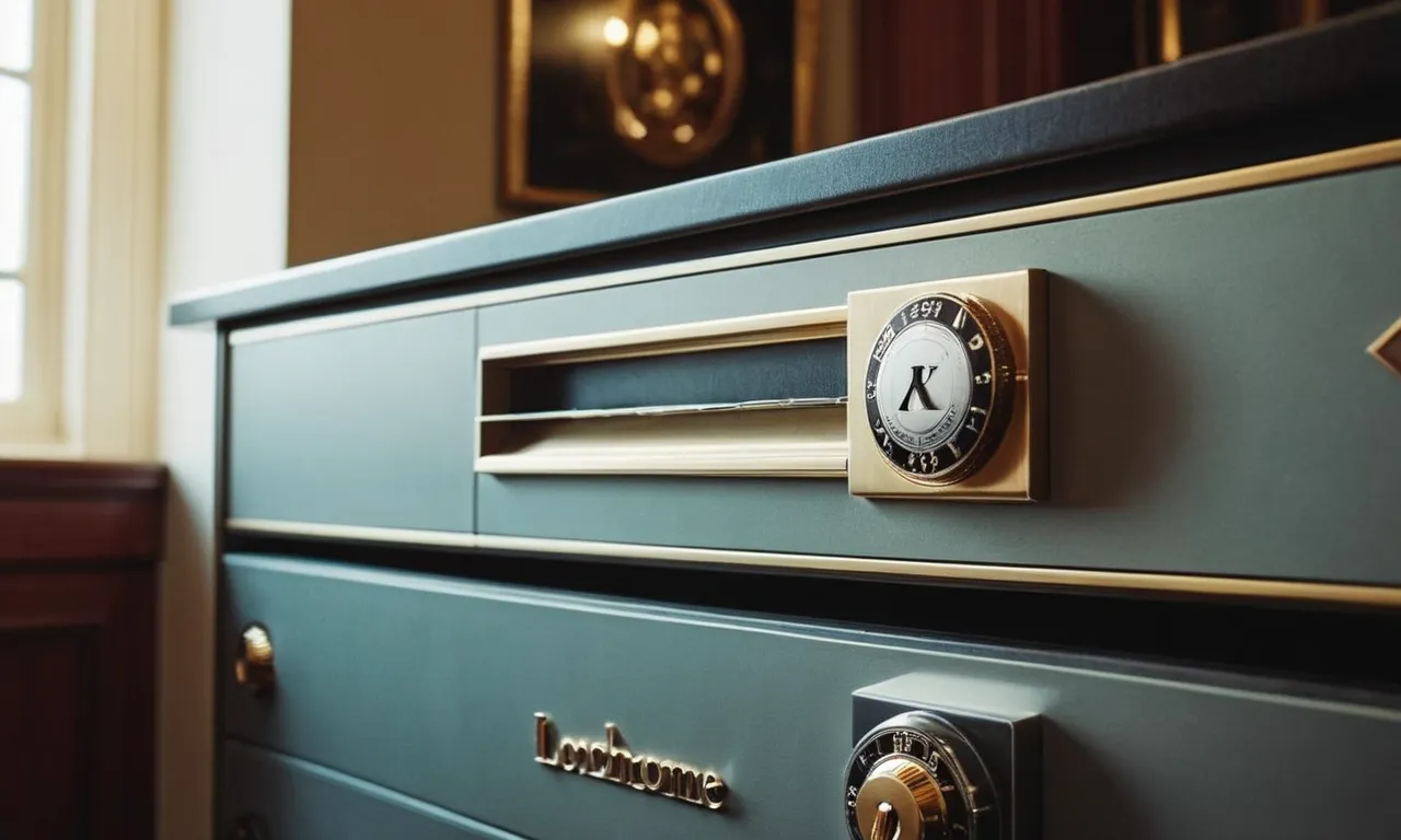 A close-up shot of a sleek, state-of-the-art safe deposit box placed discreetly in a luxurious home, highlighting its advanced security features and elegant design.
