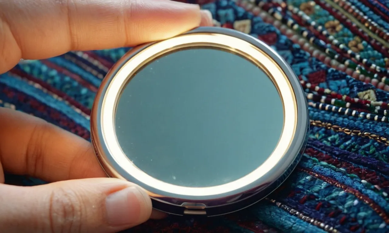 A close-up shot of a compact, portable travel magnifying mirror with built-in LED lights, reflecting the vibrant colors and intricate details of a bustling foreign market.
