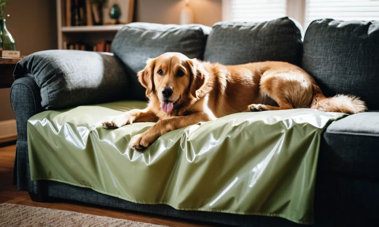 A photo showcasing a playful dog lounging on a couch covered with a durable and waterproof fabric, demonstrating the effectiveness and convenience of the best waterproof couch cover for pets.