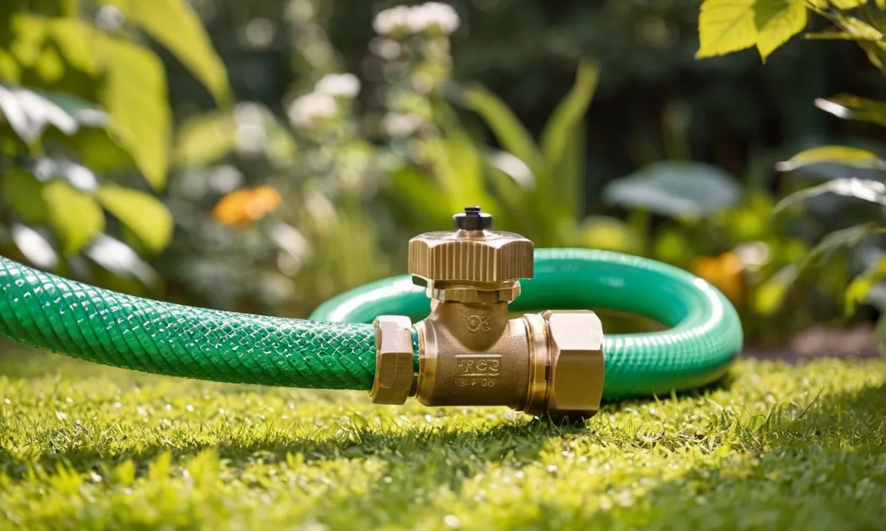 A close-up shot of a sturdy, brass garden hose shut-off valve, glistening in the sunlight amidst vibrant green foliage, showcasing its durability and functionality in a picturesque garden setting.