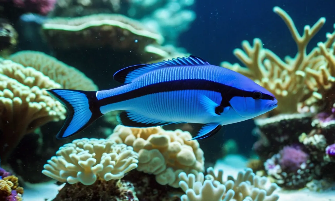 A close-up capture of a sleek UV sterilizer submerged in a vibrant reef tank, emanating a soft blue glow as it effectively eliminates harmful bacteria, ensuring a thriving and pristine aquatic environment.