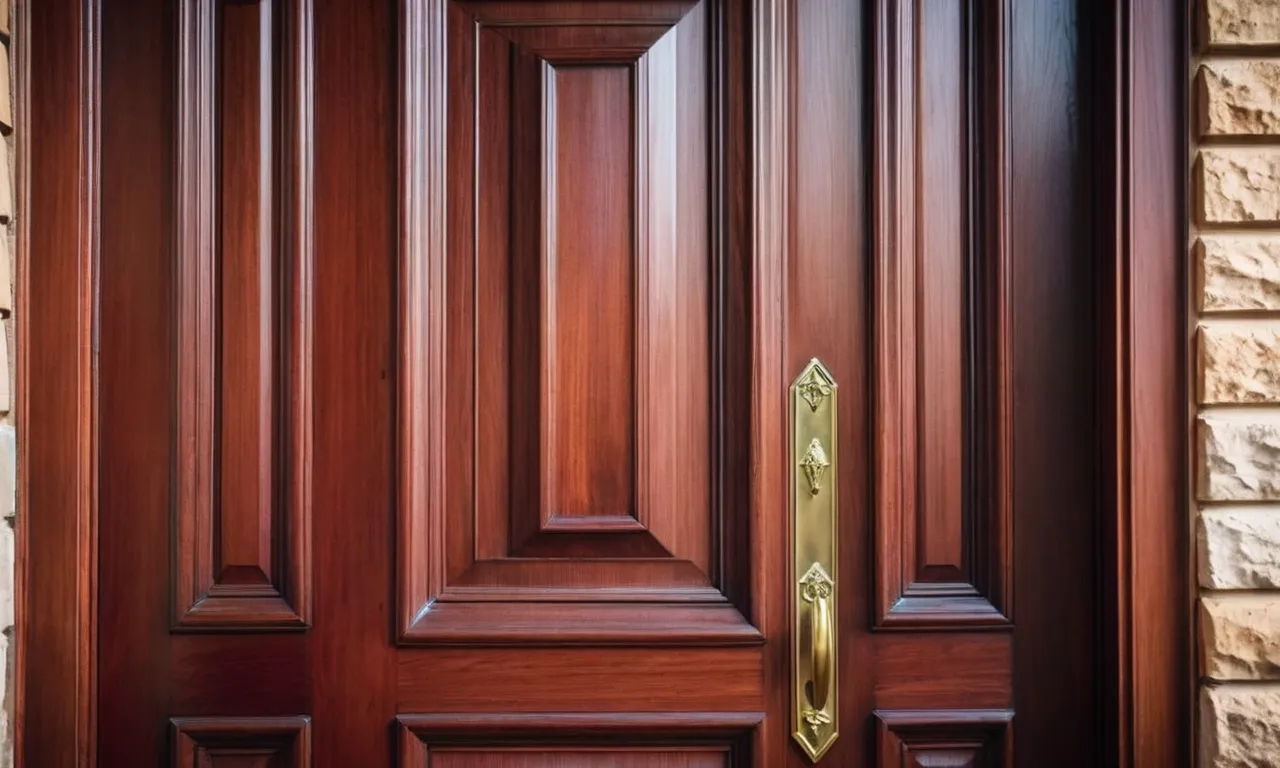 A close-up photo showcasing a beautifully finished mahogany exterior door, with its rich grain and deep, lustrous stain highlighting its natural beauty.