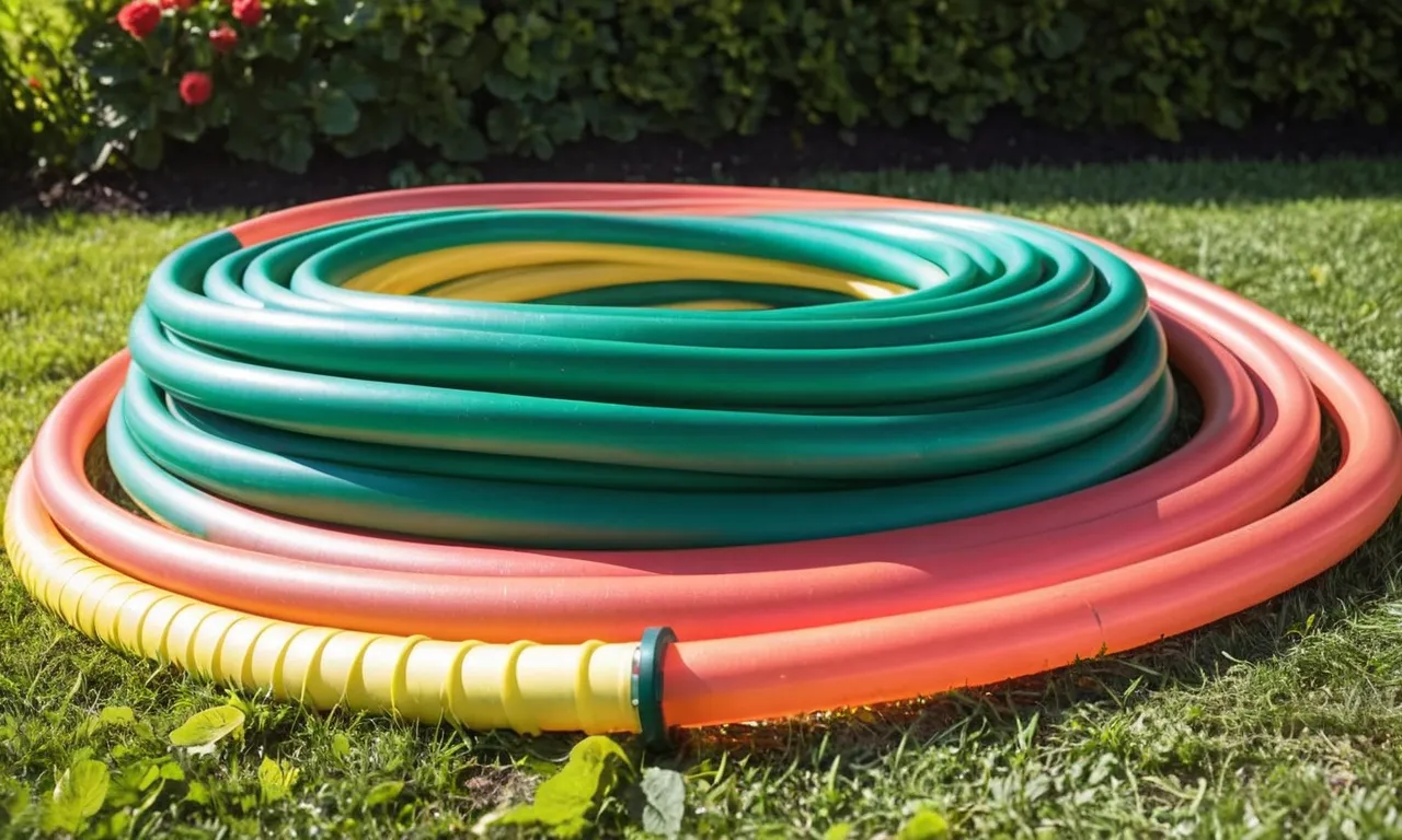 A vibrant photo captures a neatly coiled, brightly colored 100 ft lightweight garden hose resting on lush green grass, ready to effortlessly water a bountiful garden.