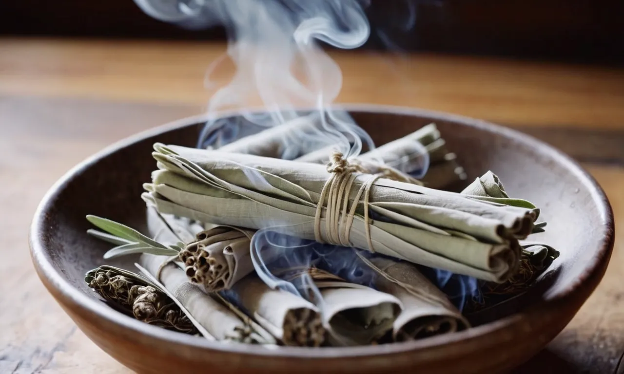 A close-up shot capturing a bundle of white sage smoldering in a rustic ceramic dish, releasing a fragrant smoke that swirls and dances, symbolizing purification and spiritual protection.