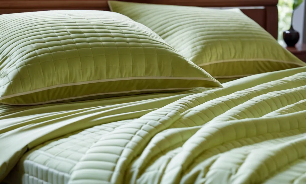 A close-up photo capturing a luxurious, breathable bamboo bedding set, showcasing its cooling properties and soft texture, perfect for hot sleepers seeking ultimate comfort and a restful night's sleep.