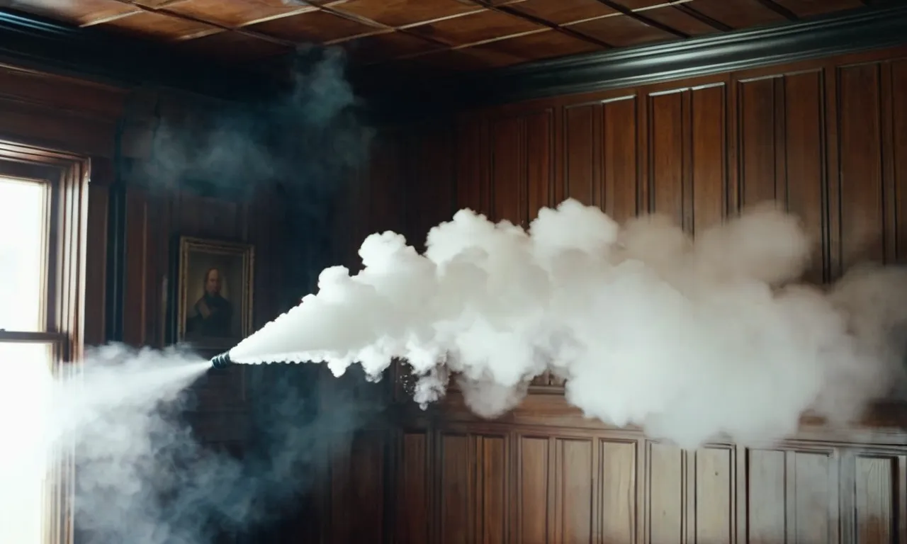 A close-up shot of a powerful steam cleaner emitting steam as it effortlessly removes dirt and grime from walls and ceilings, leaving them spotless and fresh.