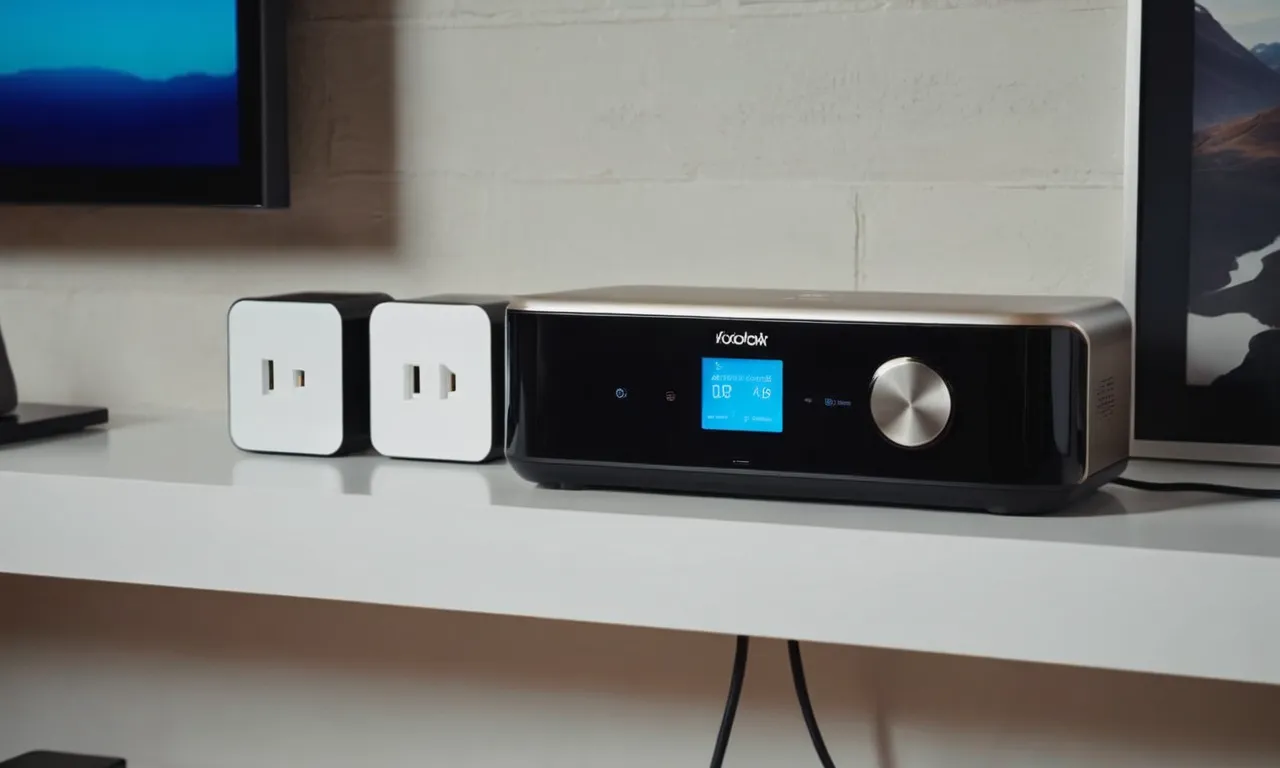 A close-up shot of a modern home assistant device seamlessly connected to multiple smart plugs, showcasing the convenience and efficiency of integrating smart technology into everyday life.