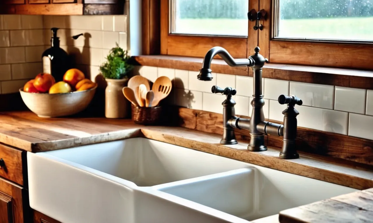 The photo captures a beautiful farmhouse sink with a rustic, yet elegant kitchen faucet, perfectly complementing the vintage charm of the kitchen.