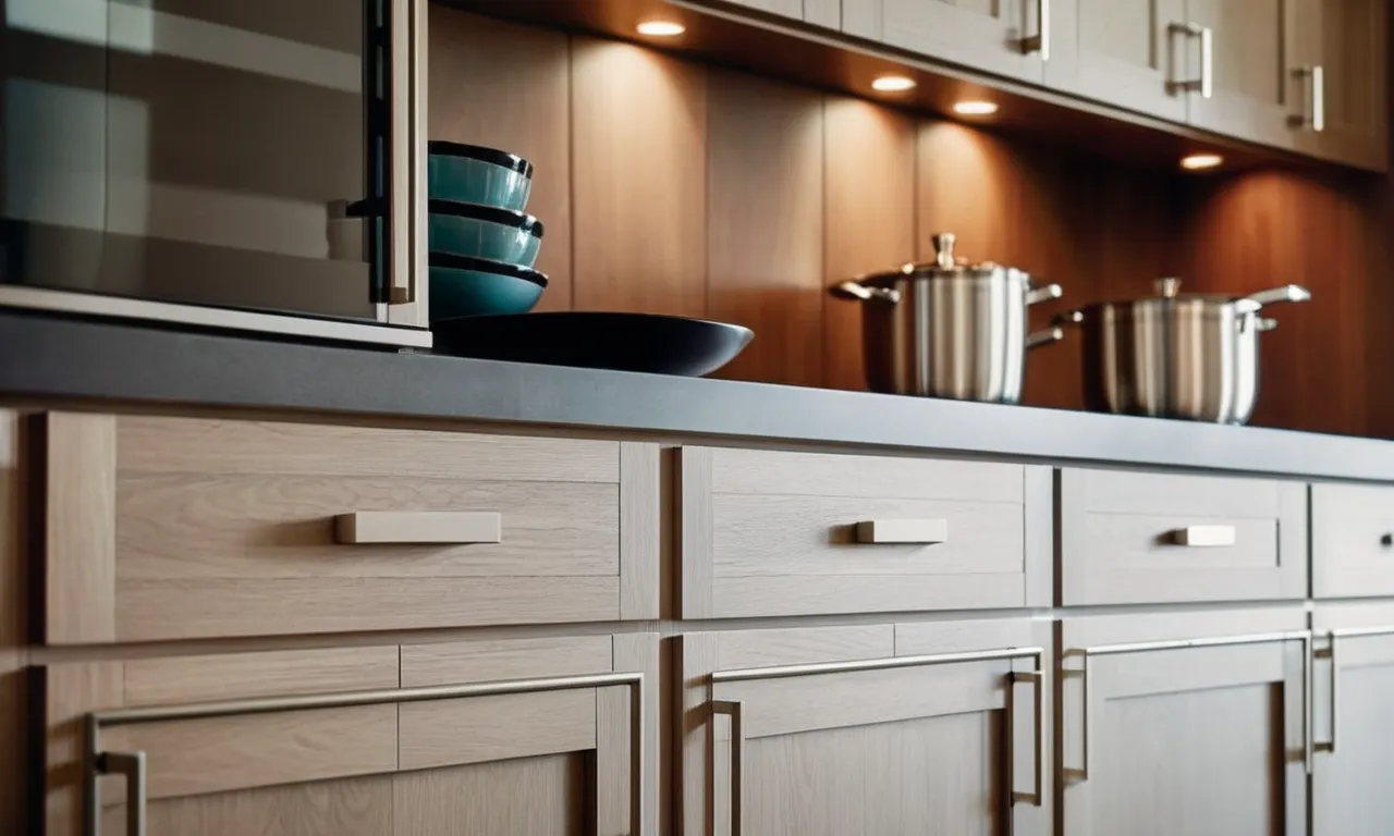 A close-up photo showcasing sleek, brushed nickel cabinet pulls on shaker cabinets, highlighting their modern design and complementing the clean lines and simplicity of the cabinets.