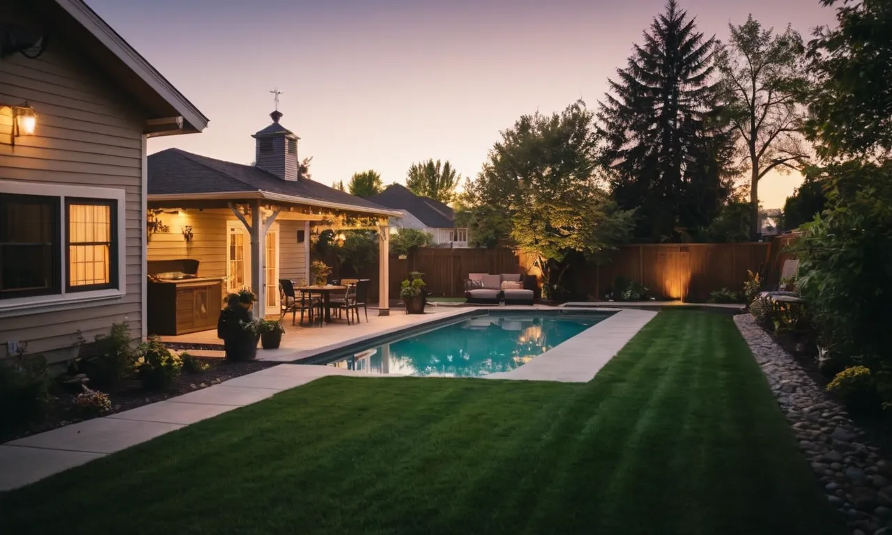 A captivating image of a tranquil backyard at dusk, illuminated by the warm glow of powerful outdoor dusk to dawn security lights, casting a sense of safety and serenity over the surroundings.