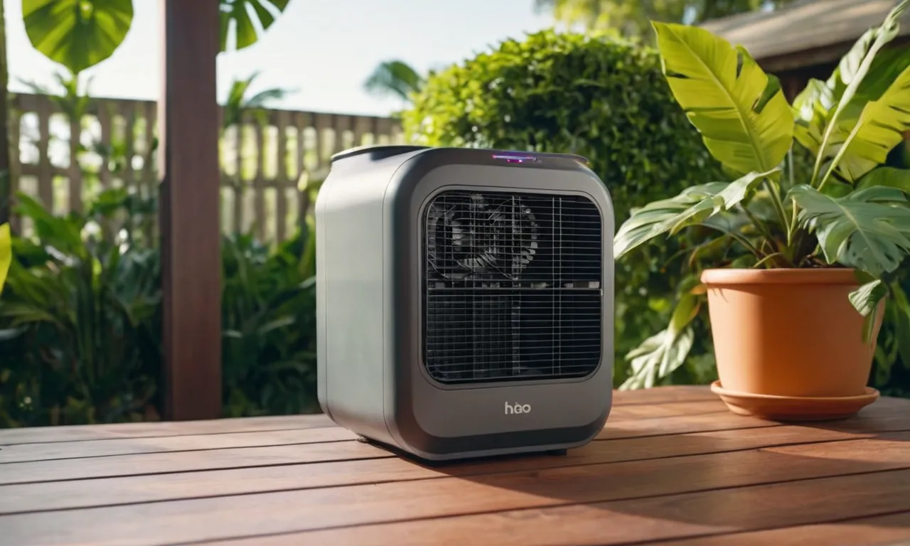 A snapshot of a sleek, compact portable air cooler sitting atop a patio table, surrounded by lush greenery, offering relief from the sweltering heat of a humid climate.