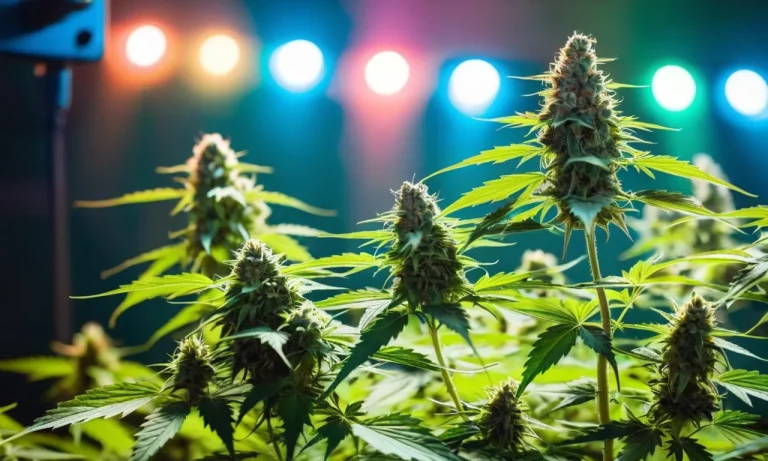 A vibrant, close-up photograph of a healthy cannabis plant bathed in the perfect spectrum of artificial grow lights, showcasing lush green leaves and thriving buds.