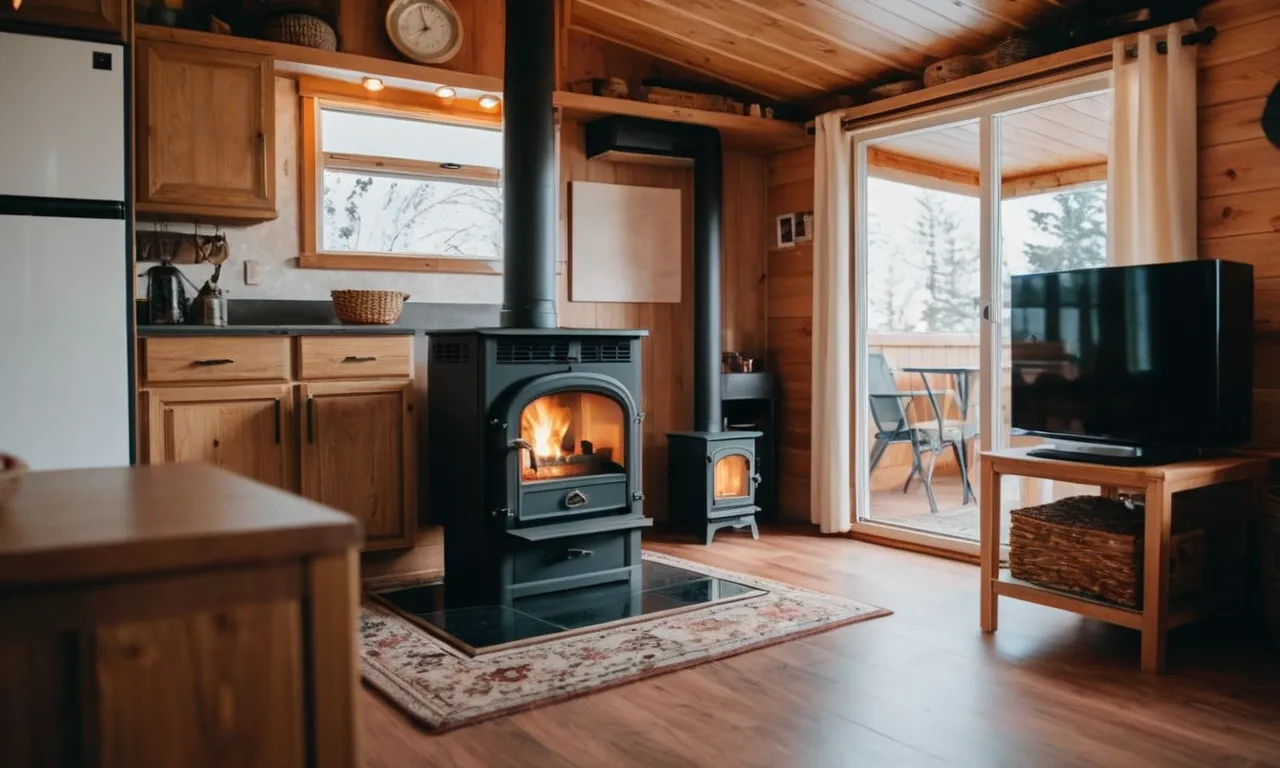 A cozy mobile home interior captured through a wide-angle lens, showcasing a modern pellet stove nestled in the corner, providing efficient heating and a warm ambiance for comfortable living.