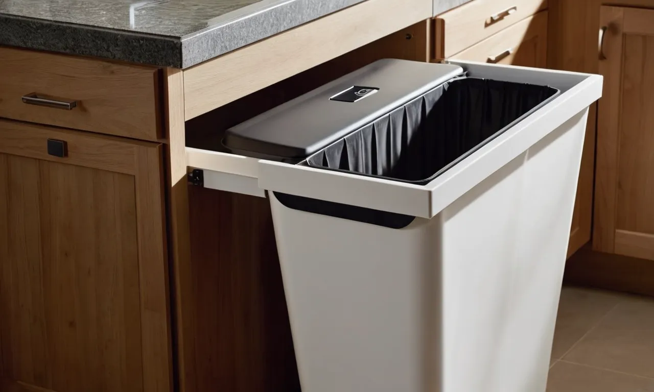 A close-up shot of a sleek under sink garbage can with a secure lid, perfectly blending with the modern kitchen decor, showcasing its functionality and convenience.