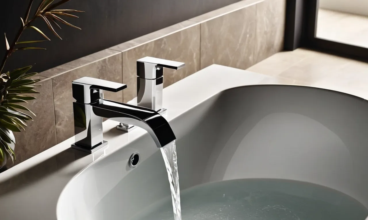 A close-up shot capturing the sleek and modern design of a wall mount faucet gracefully arching over a freestanding tub, exuding elegance and sophistication in a bathroom setting.