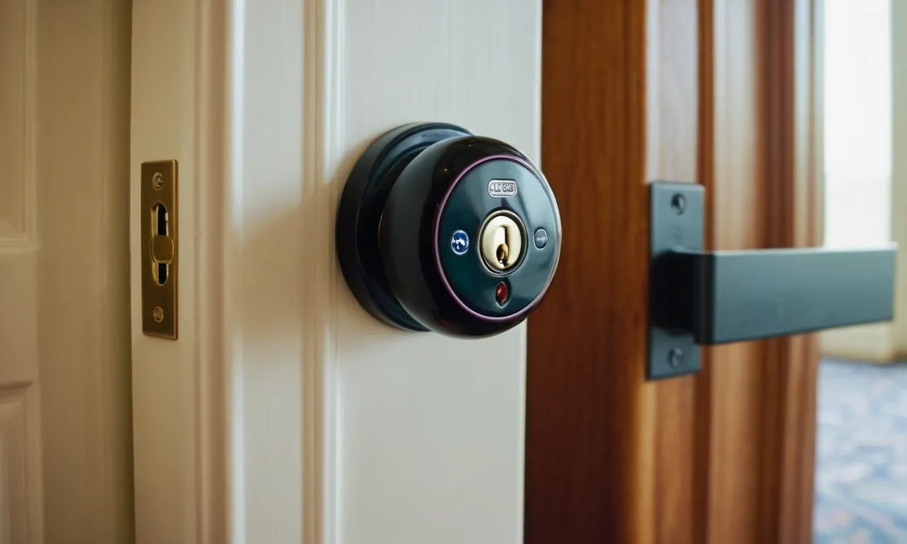 A close-up shot of a compact and sleek portable door lock attached securely to a hotel room door, offering peace of mind for travelers seeking enhanced security during their journeys.