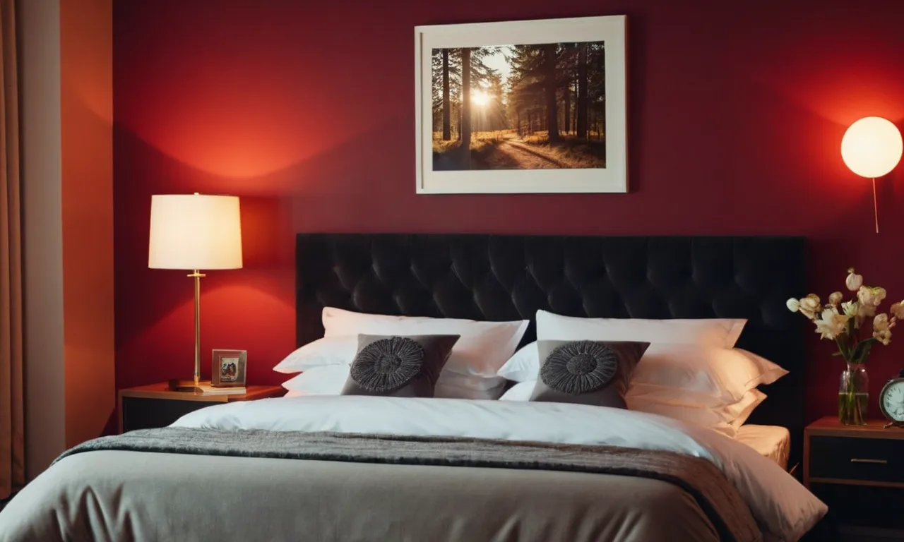 A photo of a cozy bedroom with soft, warm lighting from the best red light bulbs for sleep, casting a soothing glow and creating a tranquil ambiance for a restful night's sleep.