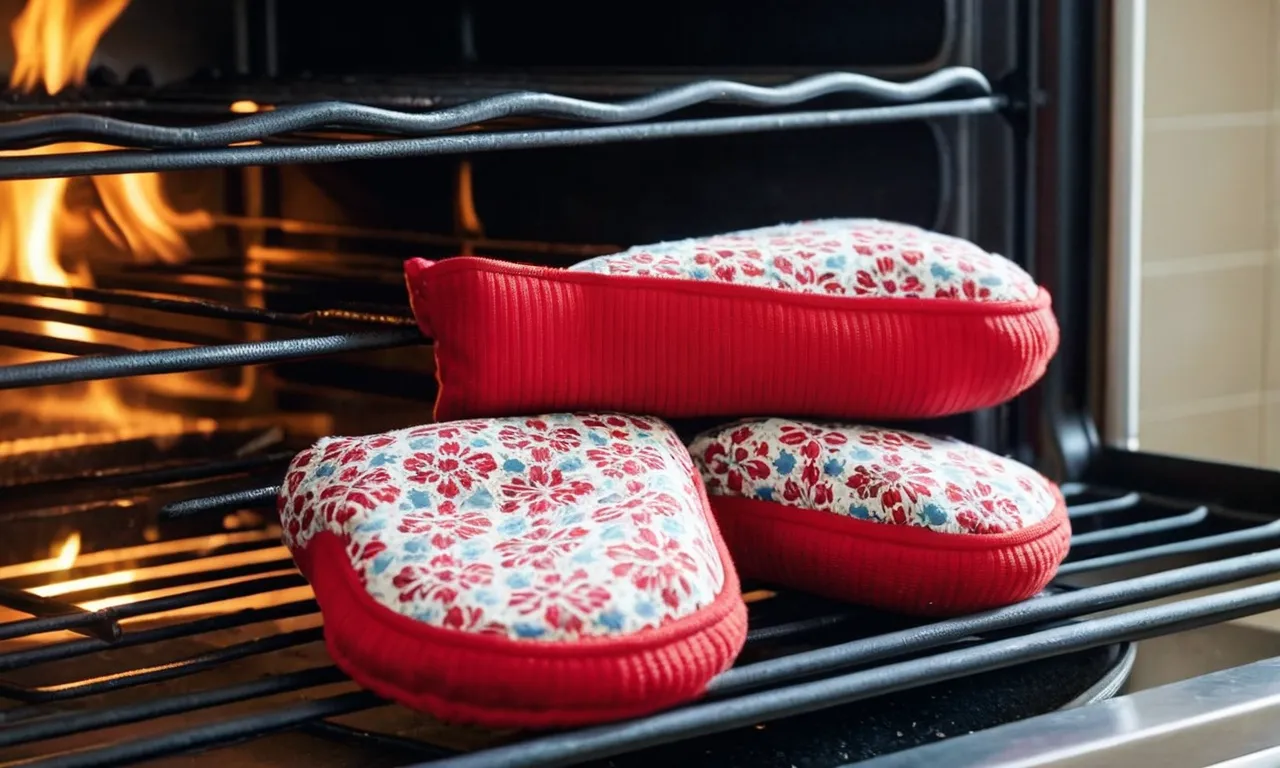 A close-up photograph capturing a pair of durable oven mitts, designed specifically for handling hot cast iron cookware, showcasing their heat-resistant material and reinforced stitching for maximum protection.