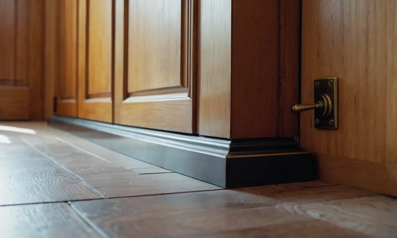 A close-up shot capturing a sturdy, rubber door stopper wedged against a heavy wooden door, ensuring it remains open, showcasing its effectiveness and durability.