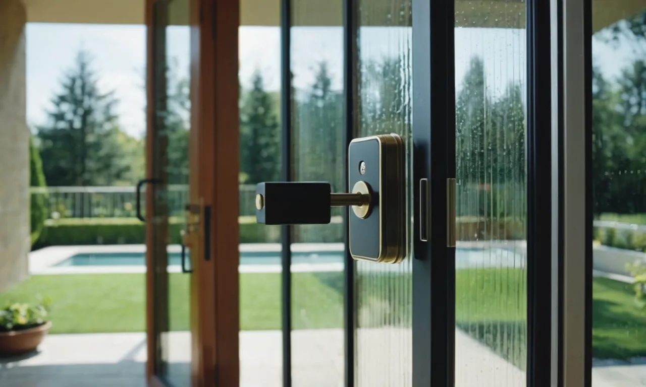 A close-up photo captures a robust sliding glass door equipped with a sturdy lock system, reinforced glass, and a motion sensor alarm, ensuring top-notch security for any home.