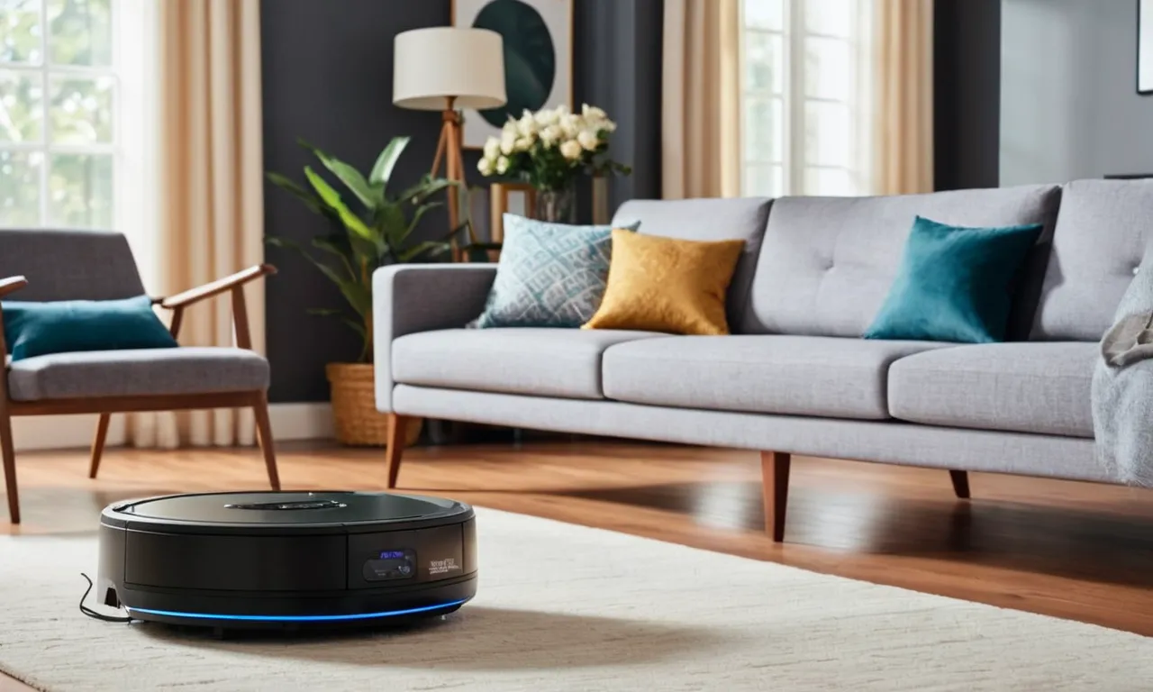 A clutter-free living room captured in a photo, showcasing a sleek robot vacuum gracefully maneuvering around furniture and effortlessly avoiding obstacles with advanced sensor technology.