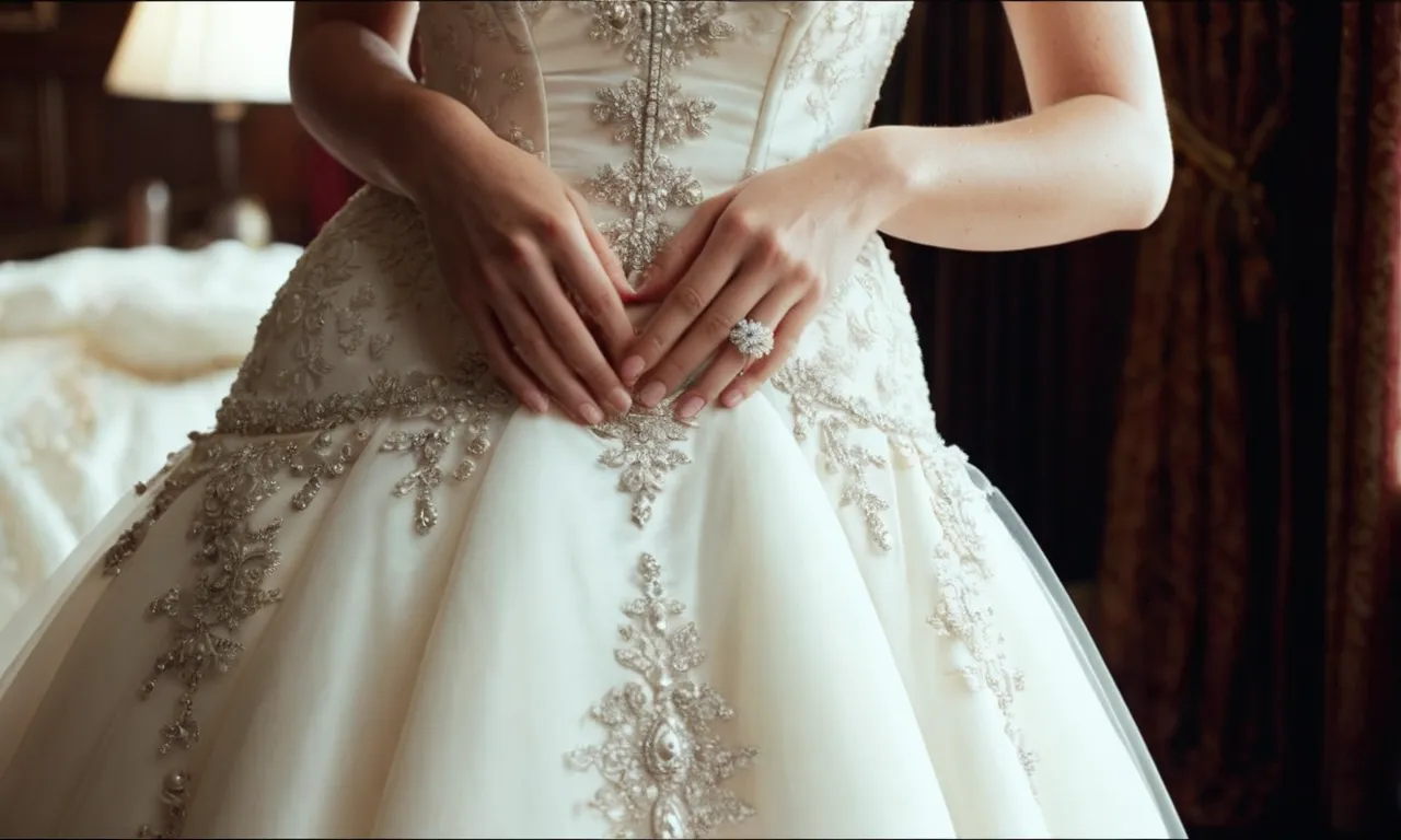 A close-up shot of a compact and portable travel steamer gently releasing steam onto a pristine white wedding dress, ensuring it remains wrinkle-free and ready for the big day.