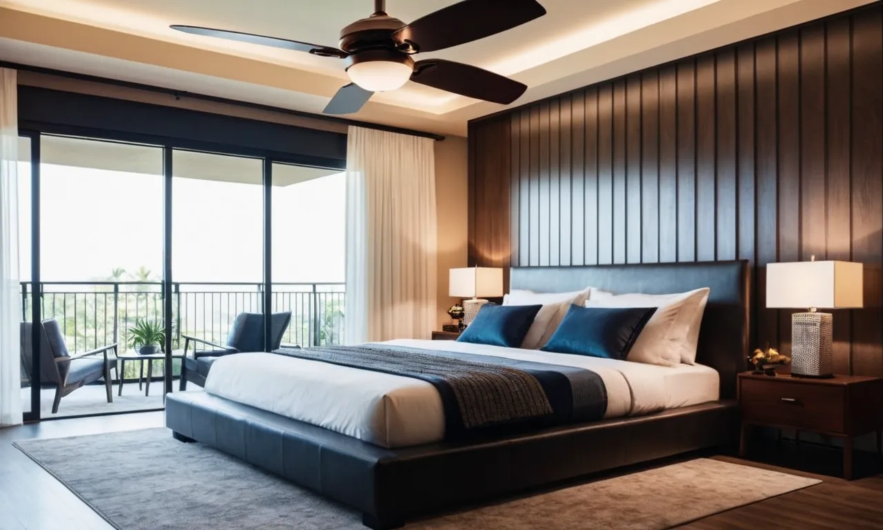 A photo capturing a modern bedroom adorned with a sleek ceiling fan, providing cool and refreshing airflow while adding a touch of elegance to the room's decor.
