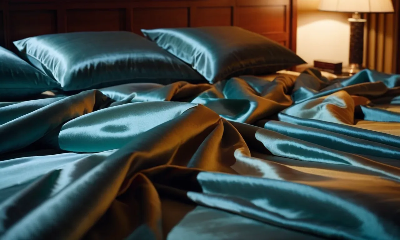 A close-up shot of a luxurious bed with silk sheets, showcasing the smooth texture that is gentle on both skin and hair.