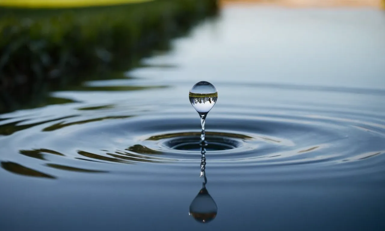 A close-up shot capturing a single droplet suspended in mid-air, about to fall into a pool of water, symbolizing the tremendous waste caused by a seemingly insignificant dripping faucet.