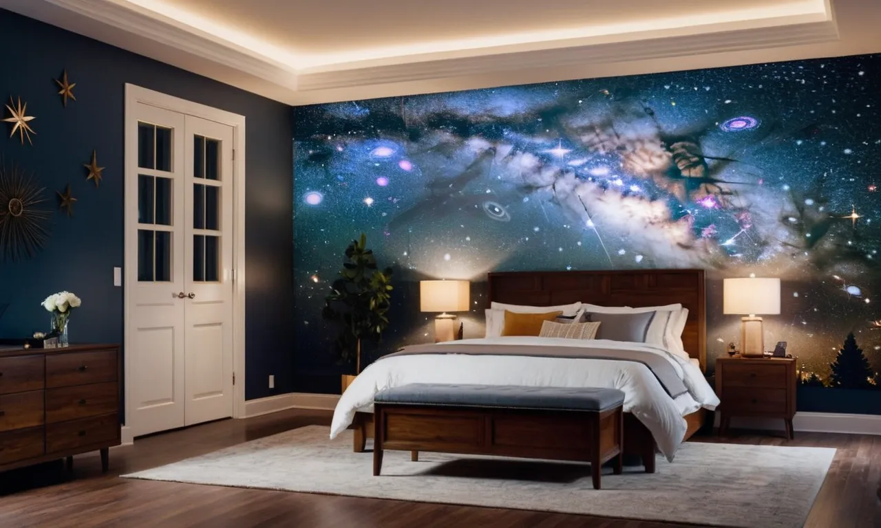 A mesmerizing photo captures a cozy bedroom scene, featuring a sleek night light projector casting a soothing display of stars and galaxies on the ceiling, creating a tranquil ambiance for adults to unwind.