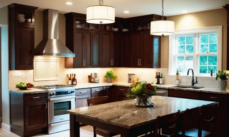 A well-lit small kitchen with recessed lights, under-cabinet lighting, and a pendant light over the dining area, creating a bright and inviting space for cooking and entertaining.