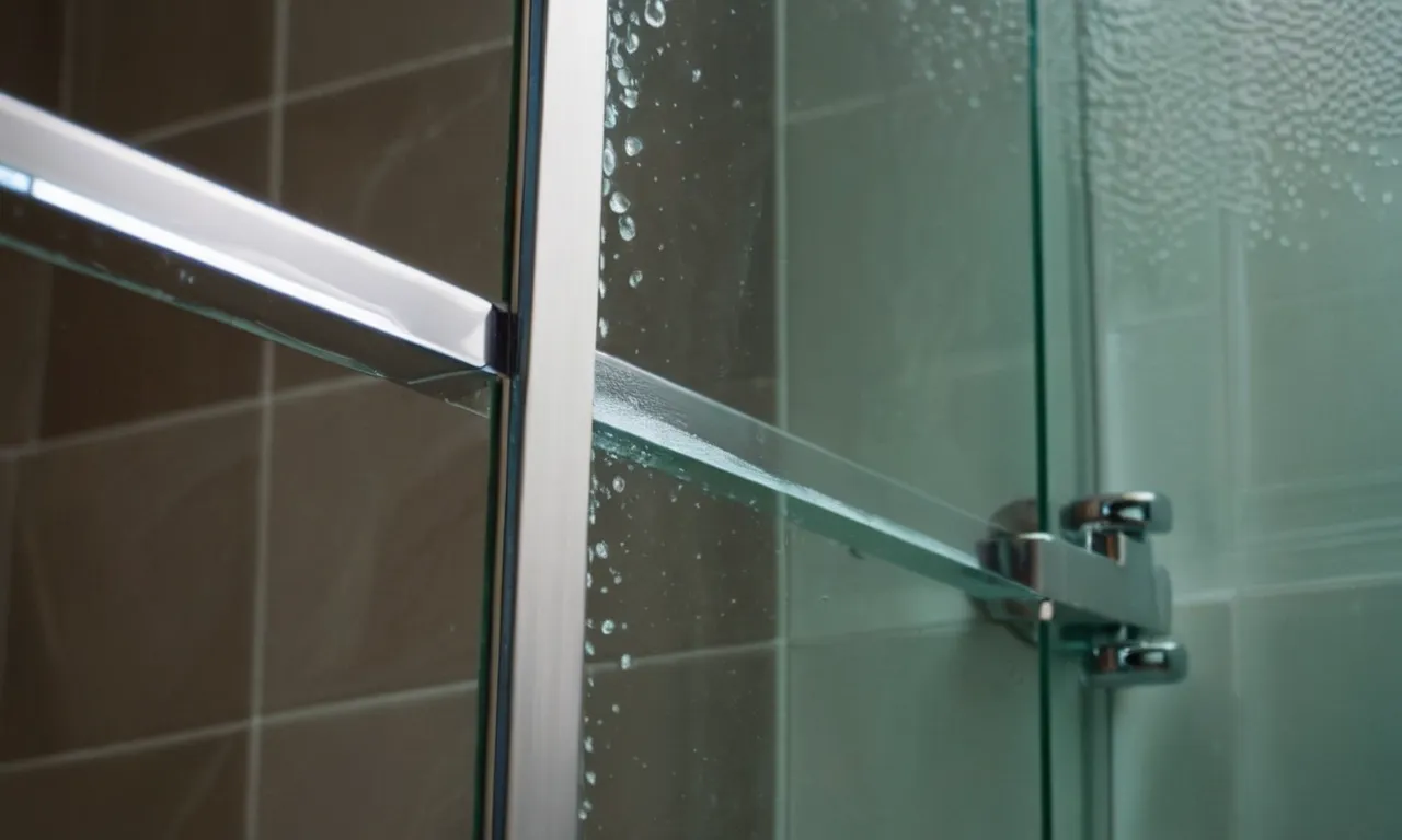 A close-up shot capturing the reflection of a crystal-clear glass shower door, flawlessly cleaned with the best squeegee, displaying a pristine surface and enhancing the overall elegance of the bathroom.