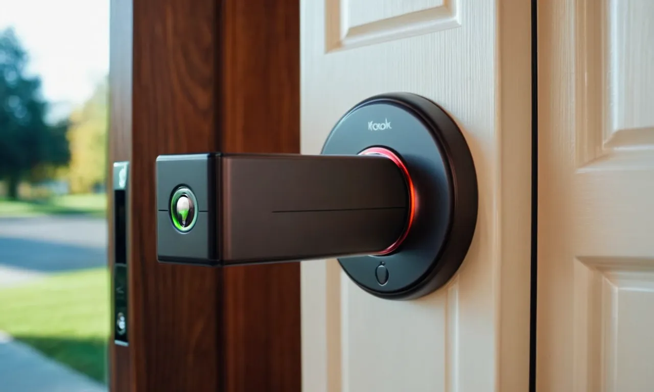 A close-up shot of a sleek and modern smart door lock with a built-in handle, elegantly blending technology and convenience for seamless access to any space.
