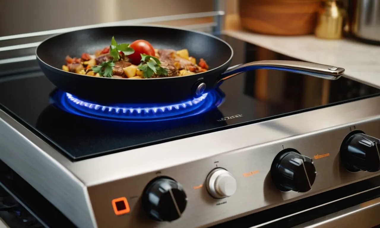 A close-up shot of a sleek, compact portable electric stove sitting on a kitchen countertop, emitting a warm, inviting glow as it cooks a delicious meal indoors.