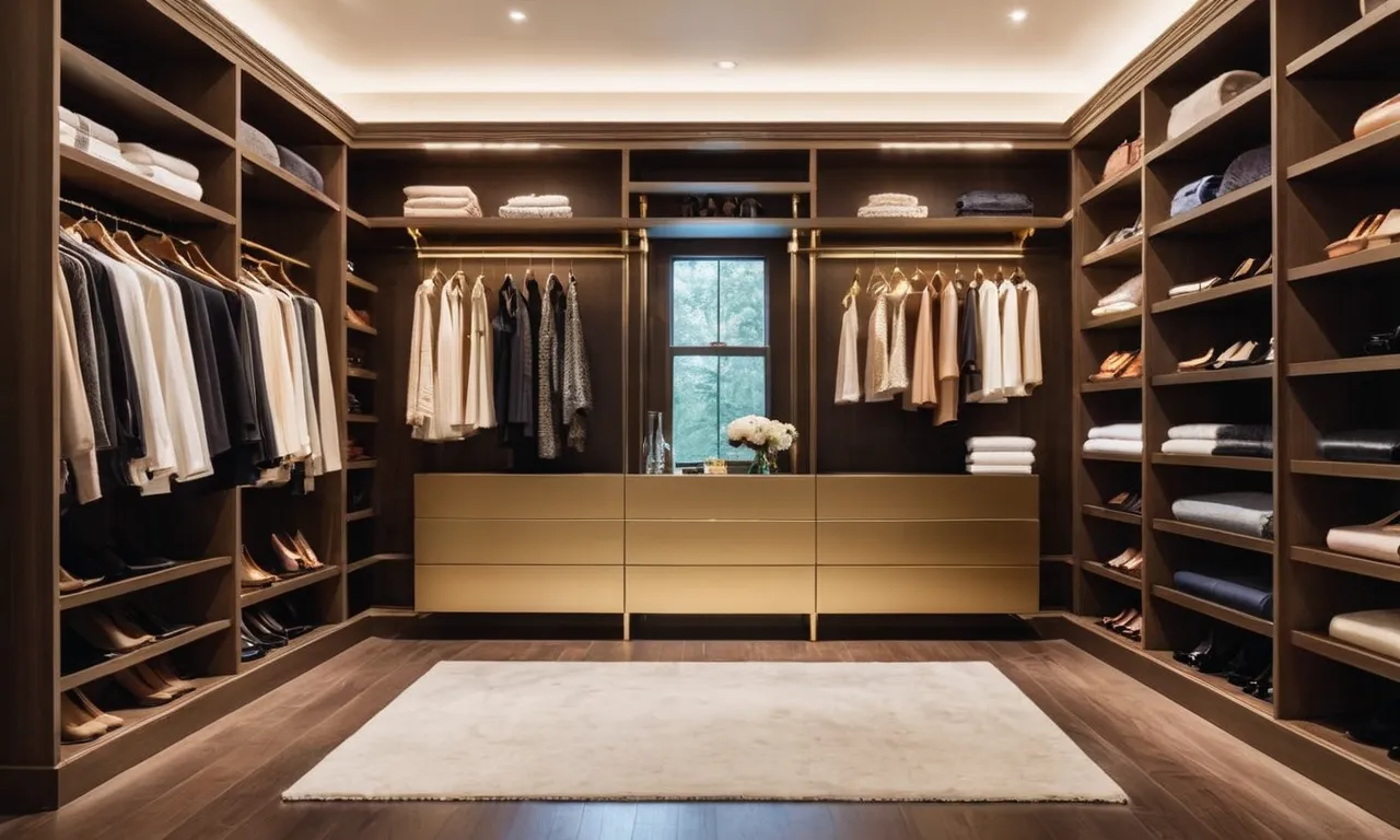 A captivating photo showcases a walk-in closet flooded with natural light, casting a soft golden glow on neatly organized shelves, creating a luxurious and inviting atmosphere.