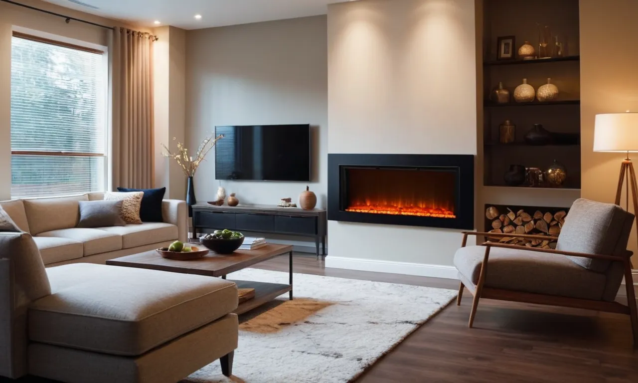 A cozy living room captured in a photograph, showcasing a sleek wall-mounted electric heater, radiating warmth and comfort, perfectly suited for heating a spacious and inviting large room.