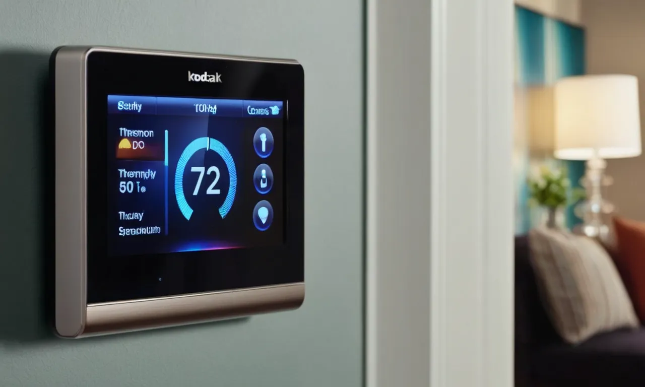 A close-up shot of a sleek smart thermostat with advanced features, displaying a vibrant touchscreen interface, emphasizing its compatibility with no C-wire setups.