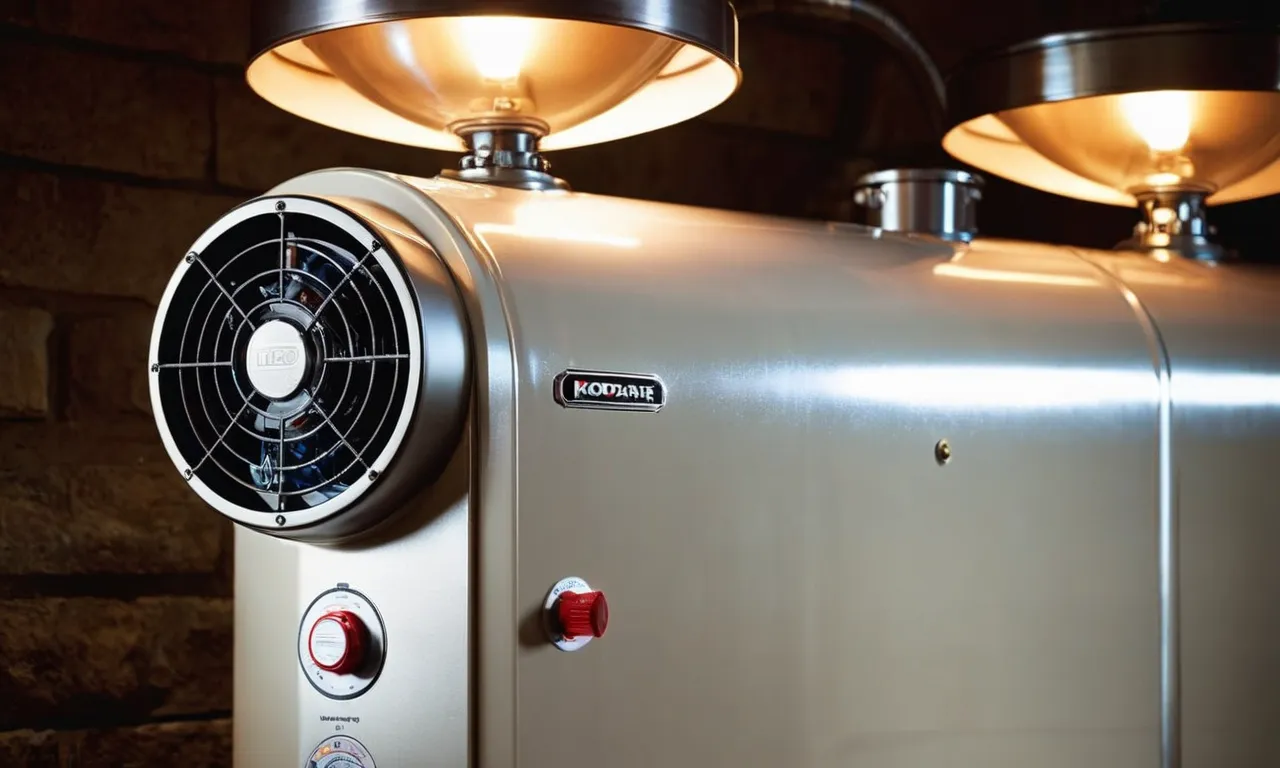 A close-up shot of a sleek and modern propane on-demand water heater, with a soft, warm light illuminating the intricate design and highlighting its efficiency and reliability.